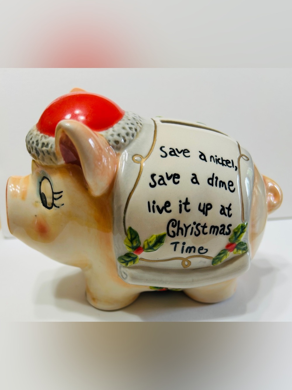 Vintage Pig piggy bank, Christmas themed.
Ceramic.